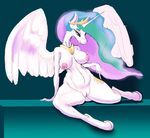  2016 anthro anthrofied areola big_breasts blue_background blue_hair breasts clitoris crown cutie_mark equine feathered_wings feathers female friendship_is_magic green_hair hair hooves horn jewelry mammal multicolored_hair my_little_pony necklace nude pink_hair princess_celestia_(mlp) purple_eyes pussy sanfingulipunrapin simple_background sitting solo thick_thighs white_feathers white_skin wide_hips winged_unicorn wings 