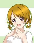  alternate_hairstyle brown_hair clouble daisy fingers_together flower hair_flower hair_ornament hands_on_own_chest highres koizumi_hanayo lips looking_at_viewer love_live! love_live!_school_idol_project open_mouth purple_eyes shirt simple_background smile solo two_side_up white_shirt 