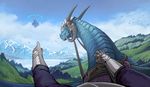  absurd_res armor blue_scales castle chromamancer clothed clothing day dragon duo eyewear feral first_person_view flying goggles hi_res horn lake landscape mountain outside pointing riding saddle scales scalie sky 