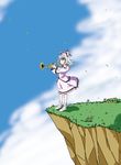  cliff cloud day dress flower grass hat instrument merlin_prismriver shino_(ponjiyuusu) skirt sky solo touhou trumpet wind 