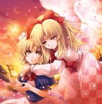  angel_wings blonde_hair bow bug butterfly flower gengetsu hair_ribbon hug hug_from_behind insect mugetsu multiple_girls red_bow ribbon siblings sisters touhou touhou_(pc-98) wings yamadori_ofuu yellow_eyes yuri 