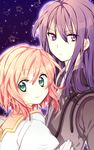  1girl bad_id bad_pixiv_id couple estellise_sidos_heurassein green_eyes hetero long_hair pink_hair purple_background purple_eyes purple_hair riichu short_hair star starry_background tales_of_(series) tales_of_vesperia yuri_lowell 