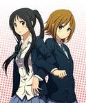  akiyama_mio alternate_hairstyle arm_holding back-to-back black_eyes black_hair blazer brown_eyes brown_hair hair_down ikeda_(cpt) jacket k-on! multiple_girls ponytail role_reversal school_uniform short_hair tainaka_ritsu 