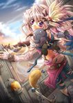  bad_id bad_pixiv_id cloud demon_tail dutch_angle fingerless_gloves gloves head_wings jpeg_artifacts looking_back original pink_hair purple_eyes sky solo tail yamadori_ofuu 