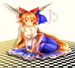  alternate_breast_size bare_shoulders blush bow breasts checkered checkered_floor cleavage hair_bow highres horns huge_breasts ibuki_suika long_hair older orange_hair perspective sanzou_(tail9) smile solo touhou undressing yellow_eyes 