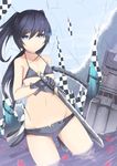  bad_id bad_pixiv_id bikini_top black_hair black_rock_shooter black_rock_shooter_(character) blue_eyes gloves johnny_funamushi long_hair midriff navel scar shorts solo sword twintails weapon 