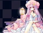  bangs book bow breasts checkered checkered_background choker cleavage crescent hair_bow hat holding jitome lantern large_breasts long_hair miyasu_risa open_book patchouli_knowledge purple_eyes purple_hair ribbon ribbon_choker sitting solo striped touhou 