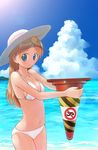  bikini blue_eyes brown_hair cloud day food forced_perspective hat ice_cream ikeda_jun_(mizutamari) long_hair navel negative_space no_symbol ocean original resized sky smile solo sun_hat swimsuit traffic_cone white_bikini 