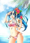  bad_id bad_pixiv_id bangs bare_arms bikini blue_eyes blue_hair collarbone cowboy_shot crazy_straw day drink drinking_straw flower hair_between_eyes heart_straw hibiscus horizon long_hair navel ocean open_mouth original outdoors p.kibi side_ponytail solo striped striped_bikini swimsuit water 