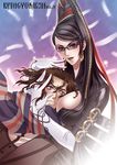  1girl bayonetta bayonetta_(character) between_breasts black_hair blue_eyes blush breast_smother breasts brown_hair carnelian couple elbow_gloves glasses gloves hair_ribbon hetero large_breasts long_hair looking_at_breasts luka_redgrave mole mole_under_mouth ribbon scarf sunglasses 