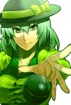  bow eyes face foreshortening green_eyes green_hair hands hat highres image_sample irohara_mitabi komeiji_koishi long_hair pixiv_sample reflection smile solo touhou 