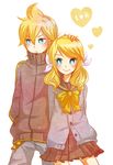  1girl bad_id bad_pixiv_id blonde_hair blue_eyes blush bow brother_and_sister frown hair_bow hair_ribbon hand_in_pocket hand_on_another's_head heart kagamine_len kagamine_rin poco24 ribbon school_uniform serafuku short_hair siblings skirt smile twins twintails vocaloid 