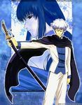  1girl artist_request blue brother_and_sister formal glasses rurouni_kenshin scarf siblings suit sword weapon white_hair yukishiro_enishi yukishiro_tomoe 