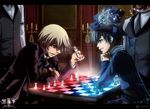  alois_trancy blonde_hair board_game bug butterfly chess ciel_phantomhive claude_faustus formal glowing hat insect kuromai kuroshitsuji male_focus multiple_boys sebastian_michaelis top_hat 