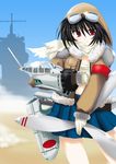  a6m_zero_(personification) aircraft_carrier black_hair copyright_request goggles goggles_on_head kagemori_toshiya mecha_musume military military_vehicle personification propeller red_eyes scarf ship short_hair skirt solo warship watercraft 