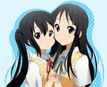  akiyama_mio black_eyes black_hair brown_eyes cheek-to-cheek holding_hands interlocked_fingers k-on! long_hair multiple_girls nakano_azusa school_uniform symmetry twintails yamasaki_wataru 