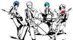  3boys bad_id bad_pixiv_id bass_guitar blue_hair drum female_protagonist_(persona_3) green_eyes green_hair guitar instrument kanzato_shin microphone microphone_stand multiple_boys narukami_yuu persona persona_3 persona_3_portable persona_4 persona_trinity_soul red_eyes spot_color yamada_maya_(yamada83) yellow_eyes yuuki_makoto 