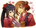  :d alternate_hairstyle bad_id bad_pixiv_id black_eyes black_hair bow brown_eyes brown_hair fan hair_bow harisen hirasawa_yui hiyo_kiki japanese_clothes k-on! multiple_girls nakano_azusa open_mouth smile tasuki v yuiazu_(unit) 