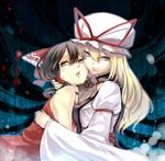  blonde_hair bow brown_eyes brown_hair couple detached_sleeves hair_bow hakurei_reimu hat long_hair miya9 multiple_girls short_hair touhou yakumo_yukari yellow_eyes yuri 