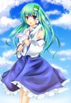  blue_eyes cloud day detached_sleeves frog green_hair hair_ornament kochiya_sanae long_hair nakamura_nano sky snake solo touhou 