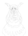 crossed_arms fangs greyscale horns ibuki_suika laughing lineart monochrome open_mouth shiba_itsuki simple_background smile solo touhou white_background 