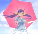  aoten blush casual cloud copyright_request day dress long_hair purple_eyes purple_hair sky solo twintails umbrella wind 