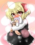  absurdres ahoge animal_ears bad_id bad_pixiv_id blonde_hair bunny_ears character_doll doll fang highres inaba_tewi kato_(mogumoguokome) red_eyes reisen_udongein_inaba ribbon rumia short_hair solo tears touhou 
