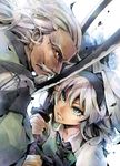  1girl bad_id bad_pixiv_id battle beard blue_eyes clash dain duel facial_hair father_and_daughter hairband katana konpaku_youki konpaku_youmu mustache short_hair silver_hair sword sword_clash touhou weapon 