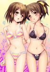  :o alto_seneka arm_around_waist bare_shoulders bikini blush bow brown_eyes brown_hair cameltoe frills hair_bow hair_ornament hairclip hirasawa_ui hirasawa_yui k-on! multiple_girls navel ponytail shiny shiny_skin siblings sisters striped striped_bikini striped_swimsuit swimsuit tan 