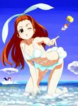  barefoot bikini bikini_skirt bow brown_eyes brown_hair cloud day face foreshortening hair_bow idolmaster idolmaster_(classic) kneeling long_hair minase_iori ocean one_eye_closed outstretched_arm outstretched_hand pettan_p sky solo swimsuit 