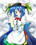  alternate_hairstyle blue_hair blush bow bowtie dress flat_chest food fruit grimace hat hinanawi_tenshi large_bow peach red_eyes seisei short_hair solo standing sweatdrop touhou 