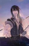  belt black_hair foreshortening hands long_hair male_focus muted_color open_clothes open_shirt outstretched_arm outstretched_hand purple_eyes reaching sarai shirt sky smile solo star_(sky) starry_sky tales_of_(series) tales_of_vesperia twilight yuri_lowell 