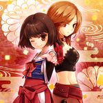  back-to-back bow brown_hair choker elbow_gloves finger_gun flower foreshortening gloves japanese_clothes kimono kurokiri md5_mismatch midriff multiple_girls one_eye_closed pointing pouch saika_magoichi_(sengoku_basara) sash sengoku_basara short_hair smile tsuruhime 