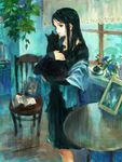  bad_id bad_pixiv_id black_hair book cat chair dress holding hug indoors long_hair original oyabin_(shikouann) photo_(object) plant solo window 