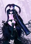  absurdres belt bikini_top black_hair black_rock_shooter black_rock_shooter_(character) blue_eyes boots chain coat crossed_legs gun highres huge_weapon knee_boots long_hair naoki_(naoieo) scar shorts solo standing twintails weapon 