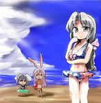  :d adapted_costume ball bangs beach beachball bikini blue_sky bow breast_hold breasts chibi cleavage cloud day grey_eyes grey_hair hair_bow hand_on_own_cheek hashimoto inaba_tewi innertube long_hair looking_at_viewer medium_breasts midriff miniskirt multiple_girls navel ocean one-piece_swimsuit open_mouth outdoors parted_bangs pink_hair pleated_skirt reisen_udongein_inaba skirt sky smile solid_circle_eyes standing strap_gap swimsuit tankini touhou yagokoro_eirin 