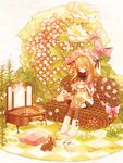  32_(mayama) animal_hat bad_id bad_pixiv_id blonde_hair bunny checkered checkered_floor closed_eyes flower hair_ribbon hat lily_(flower) original ribbon rose sitting solo striped striped_legwear thighhighs white_flower white_rose wreath 