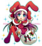  animal_ears bad_id bad_pixiv_id bag bell blue_eyes bunny_ears chibi christmas crossed_legs hat long_hair original purple_hair santa_costume sitting solo thighhighs very_long_hair yamadori_ofuu 