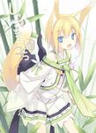  animal_ear_fluff animal_ears bamboo bamboo_forest bare_shoulders blue_eyes fang forest fox_ears fox_tail highres nature original poco_(asahi_age) shiratama_kitsune short_hair solo tail 