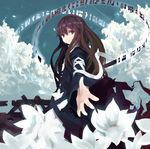  beckoning brown_hair cloud dress flower fuukadia_(narcolepsy) glyph gradient_hair hijiri_byakuren long_hair lotus magic multicolored_hair outstretched_arm outstretched_hand purple_hair scroll sky smile solo sorcerer's_sutra_scroll touhou 