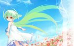  antenna_hair ar_tonelico ar_tonelico_ii bad_id bad_pixiv_id cosmos_(flower) day dress fairy_wings flower frelia green_hair green_wings solo sundress utsugi_(skydream) wings yellow_eyes 