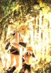  1girl bad_id bad_pixiv_id belt blonde_hair blue_eyes brother_and_sister detached_sleeves forest hair_ornament hairclip headphones kagamine_len kagamine_rin komiki2gou leg_warmers light_rays nature sailor_collar shorts siblings sunbeam sunlight tree twins vocaloid 