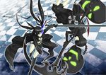  bad_id bad_pixiv_id black_hair black_rock_shooter black_rock_shooter_(character) blood blue_eyes blue_fire boots bow burning_eye coat dead_master dress fire green_eyes helpriver horns multiple_girls pale_skin scythe skull sword weapon 