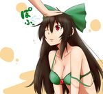  bow bra brown_hair eyes green_bow hair_bow lingerie long_hair out_of_frame petting red_eyes reiuji_utsuho solo_focus strap_slip touhou umeboshi_(lazy_lazy) underwear 