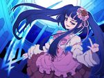  blue_eyes blue_hair dress dutch_angle flower furudo_erika hair_flower hair_ornament image_sample long_hair niso pixiv_sample scythe solo twintails umineko_no_naku_koro_ni 