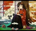  ball branch brown_hair cloud egasumi flower grass green_eyes hair_flower hair_ornament head_tilt japanese_clothes kimono kinchaku leaf letterboxed long_hair mole mole_under_eye original pigeon-toed pouch shigureteki sitting slippers smile solo sun tabi temari_ball tree 