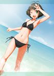  akizuki_ryou barefoot bikini black_hair crossdressing green_eyes idolmaster idolmaster_dearly_stars male_focus one_eye_closed otoko_no_ko short_hair solo splashing sugar_(sugarless) swimsuit 