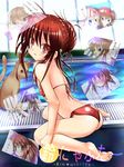  alternate_hairstyle ass barefoot bikini brown_hair cat drain_(object) indoors kamikita_komari kotsu little_busters! naoe_riki natsume_rin pool poolside red_bikini red_eyes red_hair sitting swimsuit wariza wet window 