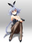  animal_ears back-seamed_legwear blue_hair bunny_ears bunnysuit gun heterochromia high_heels lavolpe_(yagisaka_seto) legs long_hair original pantyhose ponytail seamed_legwear shoes sidelocks solo very_long_hair weapon yagisaka_seto 