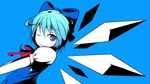  bad_id bad_pixiv_id blue blue_background blue_eyes blue_hair bow cirno dise hair_bow highres looking_at_viewer one_eye_closed short_sleeves simple_background smile solo touhou wings 